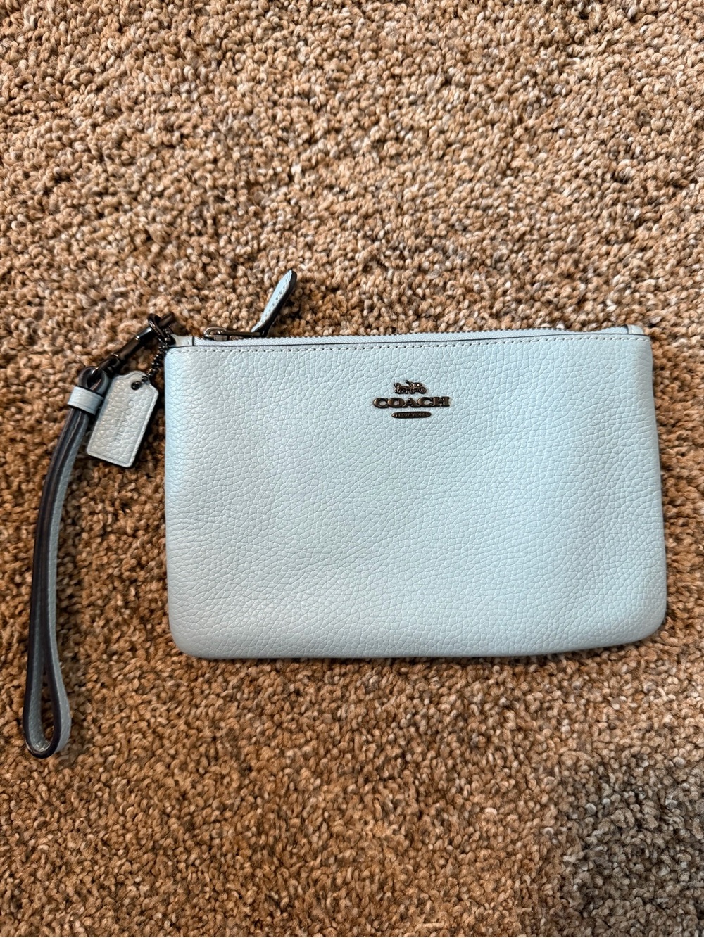 COACH Light Blue Wristlet with Gunmetal Hardware